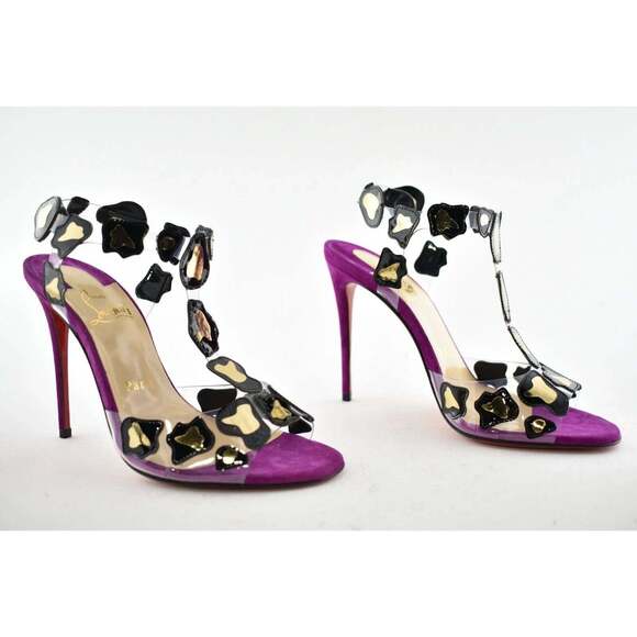 Christian Louboutin Parsemis 100 Black Gold PVC Patent Suede Sandal Heel Pump 36 - Picture 4 of 12